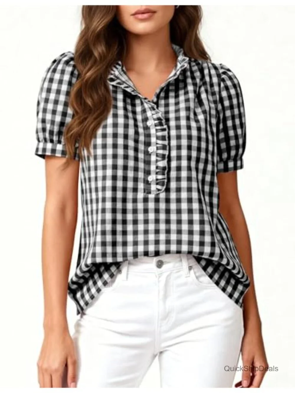 Puff Short Sleeve V Neck Ruffle Button Down Shirt Blouse